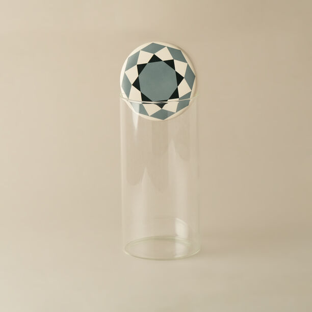 La Mesa Ribbed Glass Jar With Porcelain Cover Taibah Collection, Beige 10*15Cm image number 1