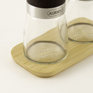 البرتو طقم مطحنة ملح وفلفل زجاج مع قاعدة خشبية 16.5*8.5*14.7 سم