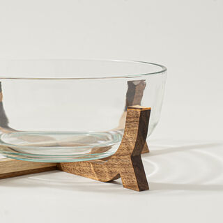 La Mesa 2Pcs Glass Salad Bowl With Wooden Base