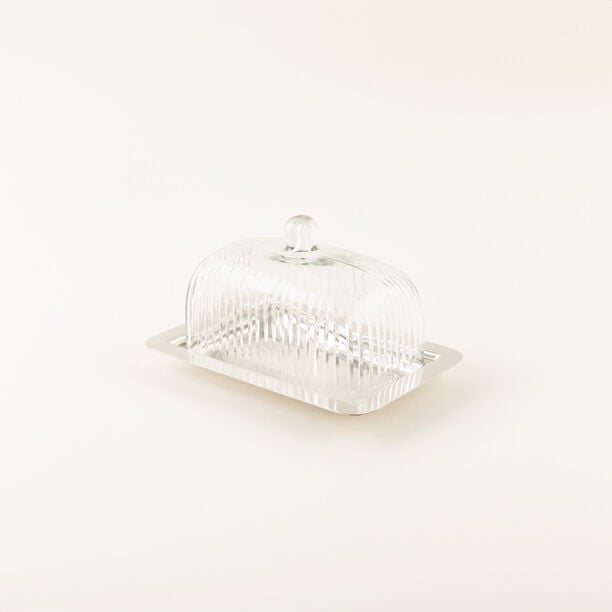 La Mesa Glass Butter Dish With Stainless Steel Base, Silver, 18*12*10Cm image number 2