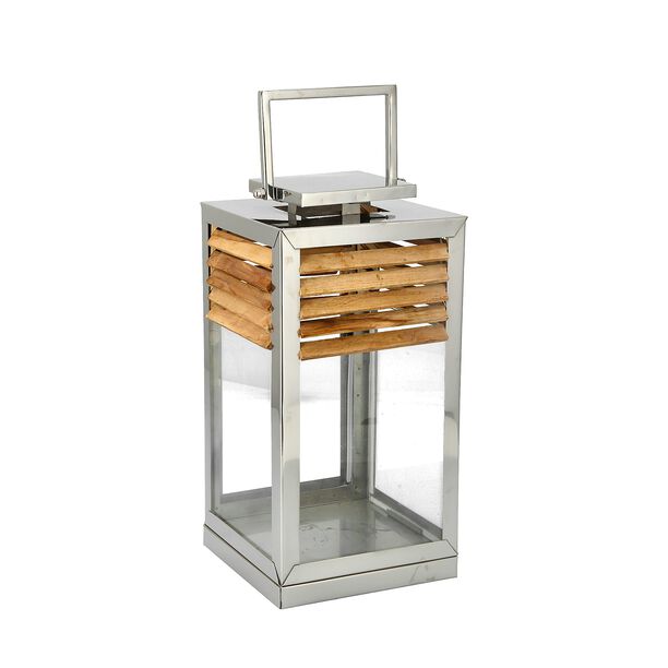 Wood And Glass Lantern Polished Steel image number 0