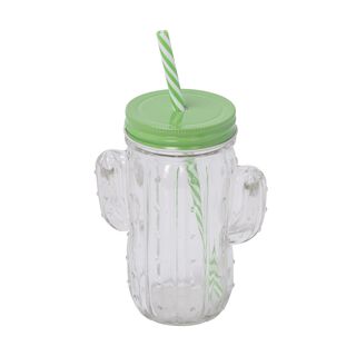 Glass Jar 450Ml With Straw Cactus Shape Clear Body