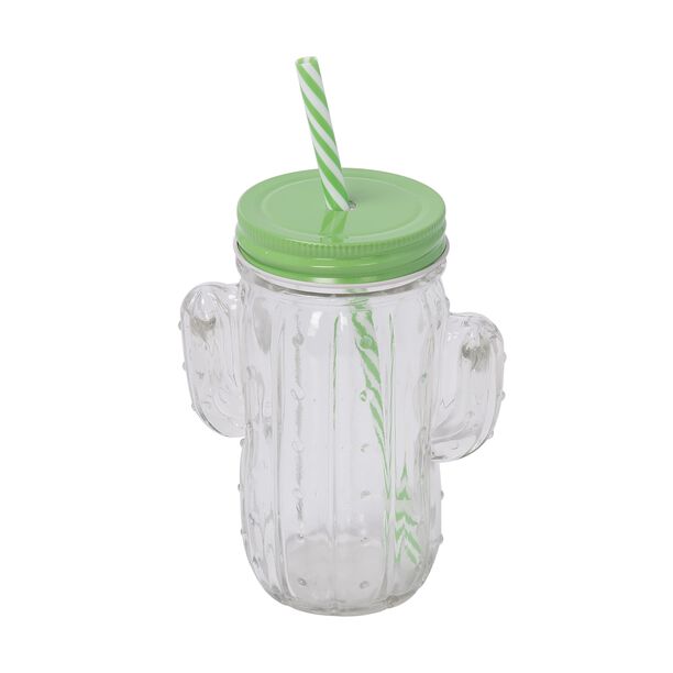 Glass Jar 450Ml With Straw Cactus Shape Clear Body image number 0