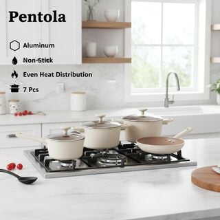 بنتولا طقم قدور 7 قطع ألومنيوم غير لاصق مع أغطية زجاج، أوف وايت