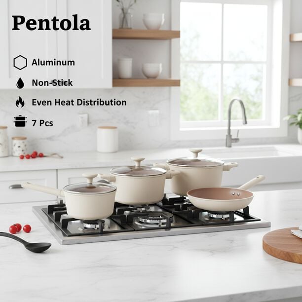 بنتولا طقم قدور 7 قطع ألومنيوم غير لاصق مع أغطية زجاج، أوف وايت image number 1