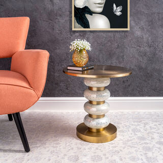 Side Table White Glass Base Brass Gold Top 46 *41 cm
