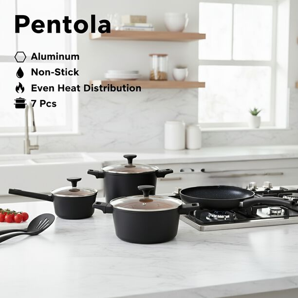 Pentola 7Pcs Aluminum Non Stick Cookware Set With Glass Lids, Matt Black image number 0