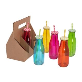 Alberto 6 Pcs Glass Milk Bottles W/ Metal Lid & Straw Asst Colors
