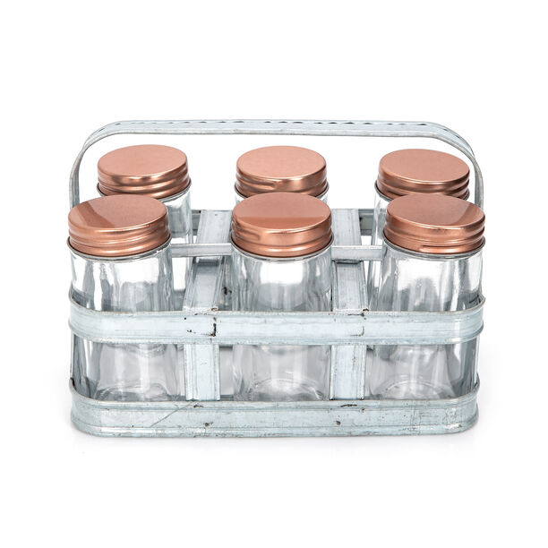 Alberto 6 Pieces Glass Mini Spice Jars With Copper Clip Lid And Metal Tray image number 1
