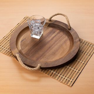 Alberto Acacia Wood Round Serving Tray With Rope Handles Dia:35Cm