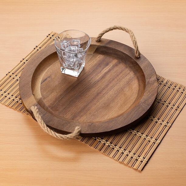 Alberto Acacia Wood Round Serving Tray With Rope Handles Dia:35Cm image number 3