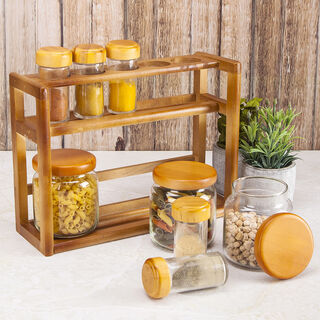 8 Pcs Glass Spice Jars With Wood Rack