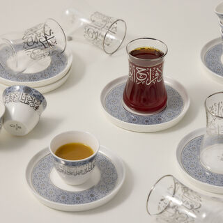 دلتي طقم أكواب شاي وفناجين قهوة سعودية زجاج وبورسلان أبيض 18 قطعة