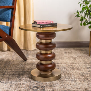 Side Table Wood Base Brass Gold Top 46 *41 cm