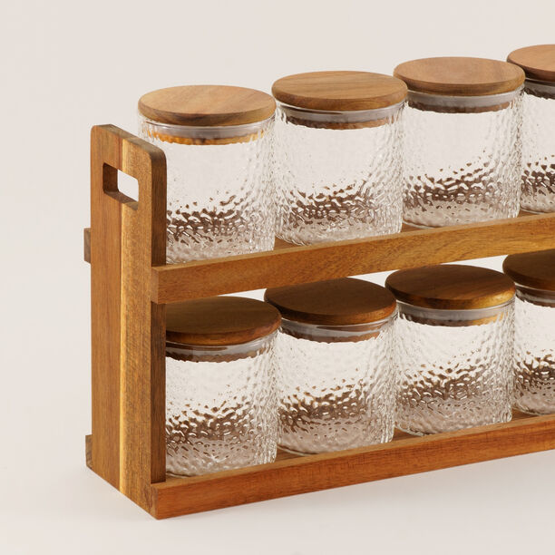 طقم برطمانات توابل 8 قطع زجاج منقوشة مع حامل خشب image number 2