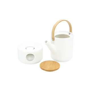 Tea Pot With Bamboo Handle And Warmer In Semi Matt