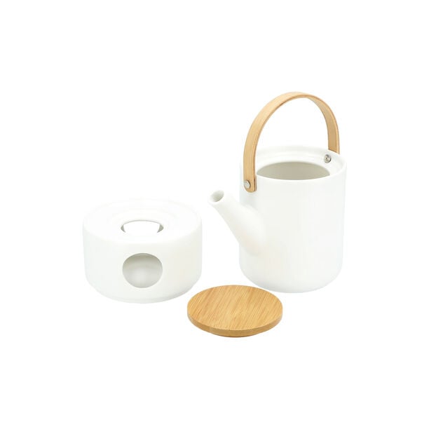 Tea Pot With Bamboo Handle And Warmer In Semi Matt image number 3