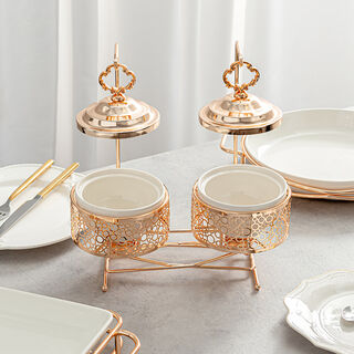 2 pieces Round Food Warmer Set With Candle Stand Gold 12 cm