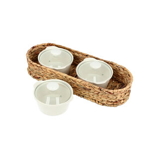 Porcelain 3Pcs Round Casseroles With Lid And Rattan Basket