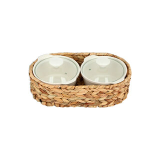 Porcelain 2Pcs Round Casseroles With Lid And Rattan Basket 0.6 L+ 0.6 L