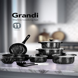 Grandi 11 piece marble cookware set with a stainless steel lid black