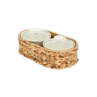 Porcelain 2Pcs Round Casseroles With Lid And Rattan Basket 0.6 L+ 0.6 L