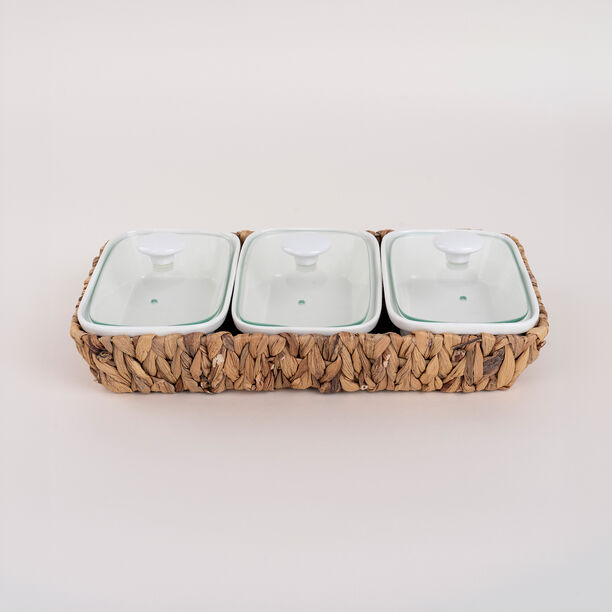 Porcelain 3Pcs Rectangular Casseroles With Lid And Rattan Basket image number 0