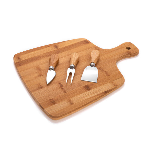 Bamboo Cutting Board With Handle And 3 Cheese Knives image number 1