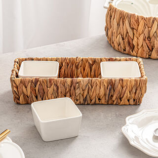 3Pcs Porcelain Square Dish With Rattan Basket