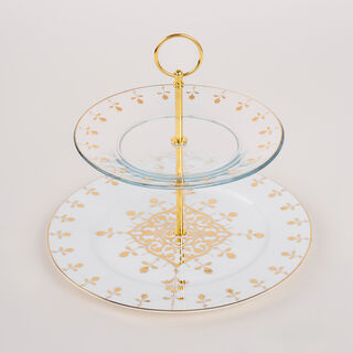 La Mesa gold porcelain and glass 2 tiered cake stand
