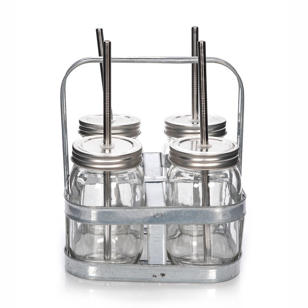 Alberto 4 Pieces Glass Drinking Jars With Metal Strew And Holder  image number 1