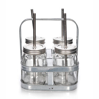 Alberto 4 Pieces Glass Drinking Jars With Metal Strew And Holder 