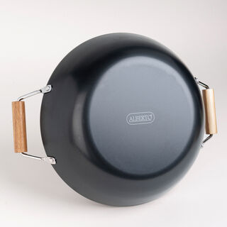 Non Stick Wok Pan With Wood Handle Round Shape Black