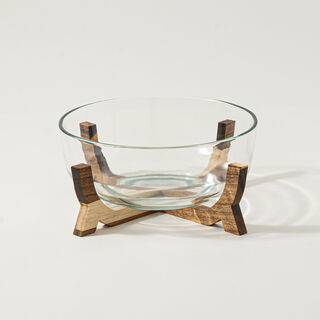 La Mesa 2Pcs Glass Salad Bowl With Wooden Base