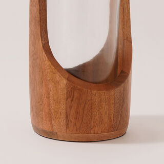 هومز حامل شموع زجاج بقاعدة من الخشب 14*14*30سم، بني