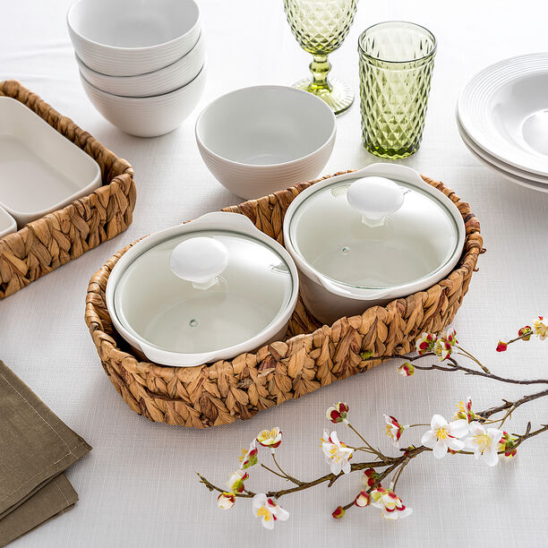Porcelain 2Pcs Round Casseroles With Lid And Rattan Basket 0.6 L+ 0.6 L image number 6