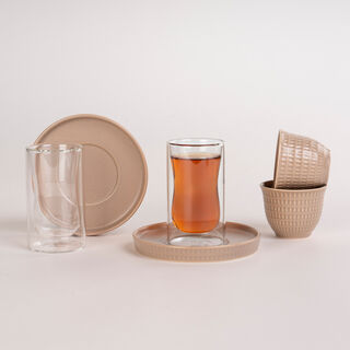 Dallaty beige porcelain and glass Tea and coffee cups set 18 pcs