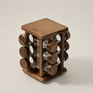 Billi glass spice jar set with wooden rack & rotating base 12 pcs