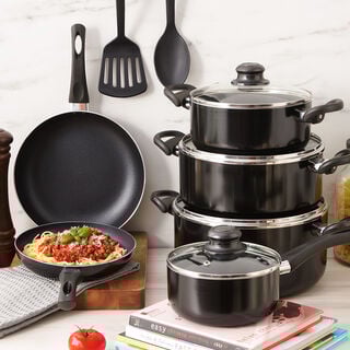 Pentola 12Pcs Aluminum Non Stick Cookware Set With Glass Lids, Black