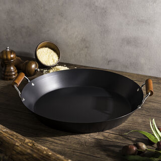 Non Stick Wok Pan With Wood Handle Round Shape Black