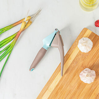 Alberto stainless steel garlic presser with blue and brown handle