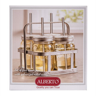 Alberto 4 Pieces Glass Drinking Jars With Metal Strew And Holder 