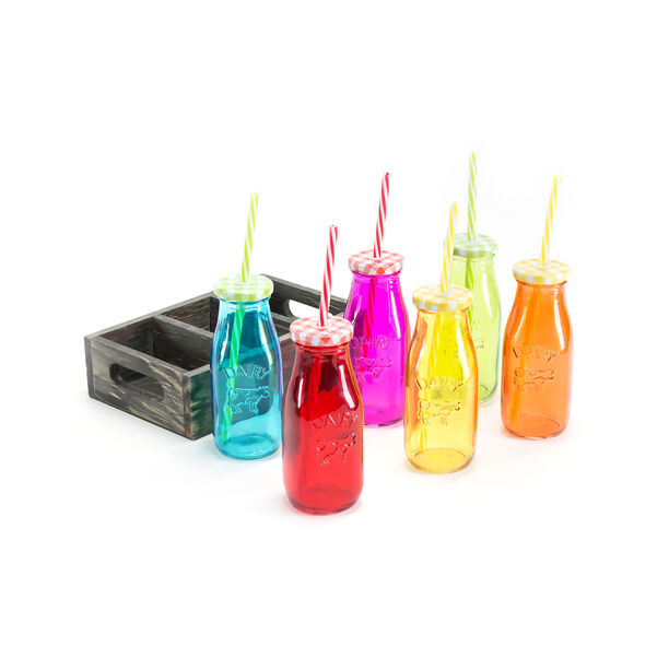 6Pcs Glass Milk Bottles With Metal Lid And Plastic Straw Assorted Colors image number 2