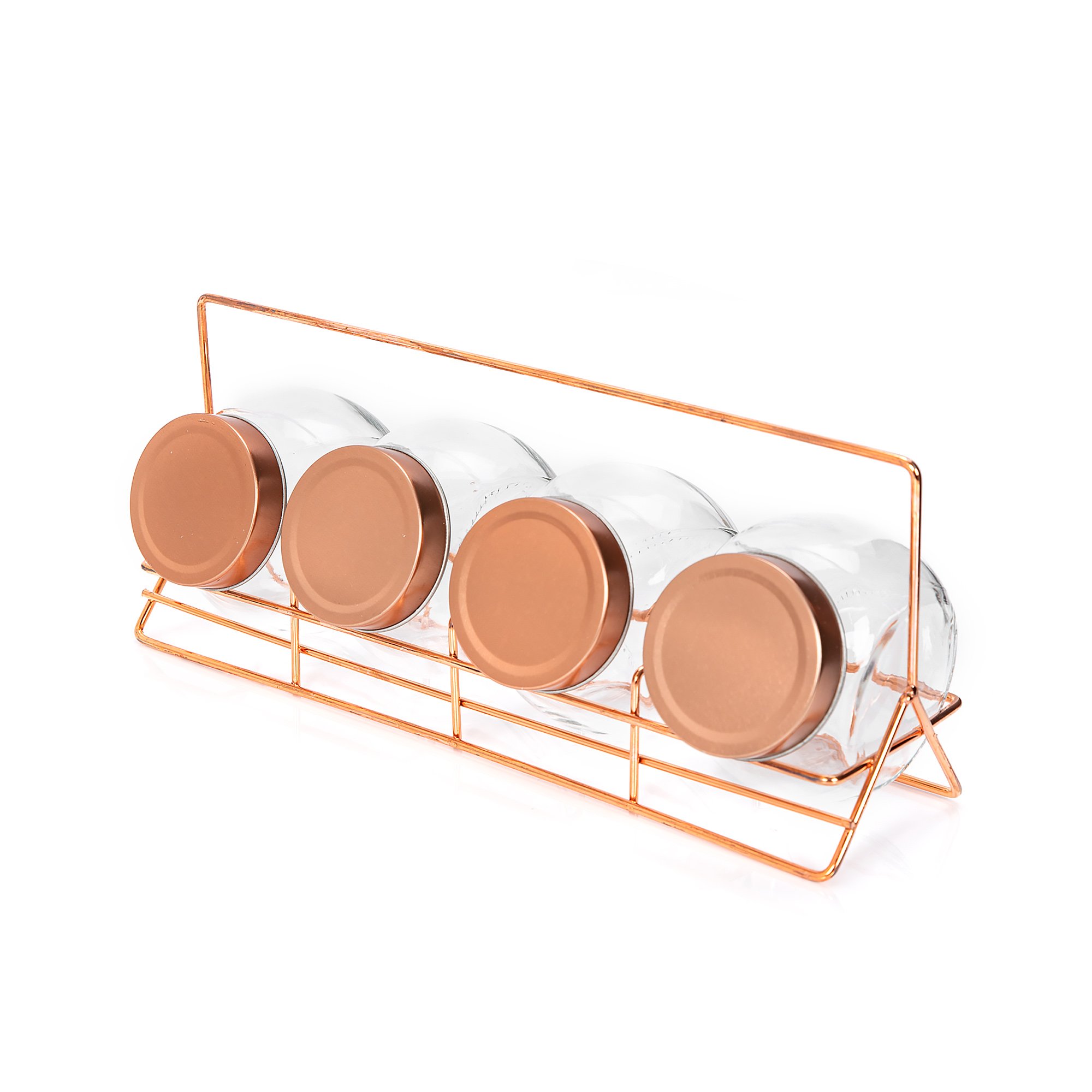 

Alberto 4 Pieces Glass Spice Jars With Copper Clip Lid And Metal Stand