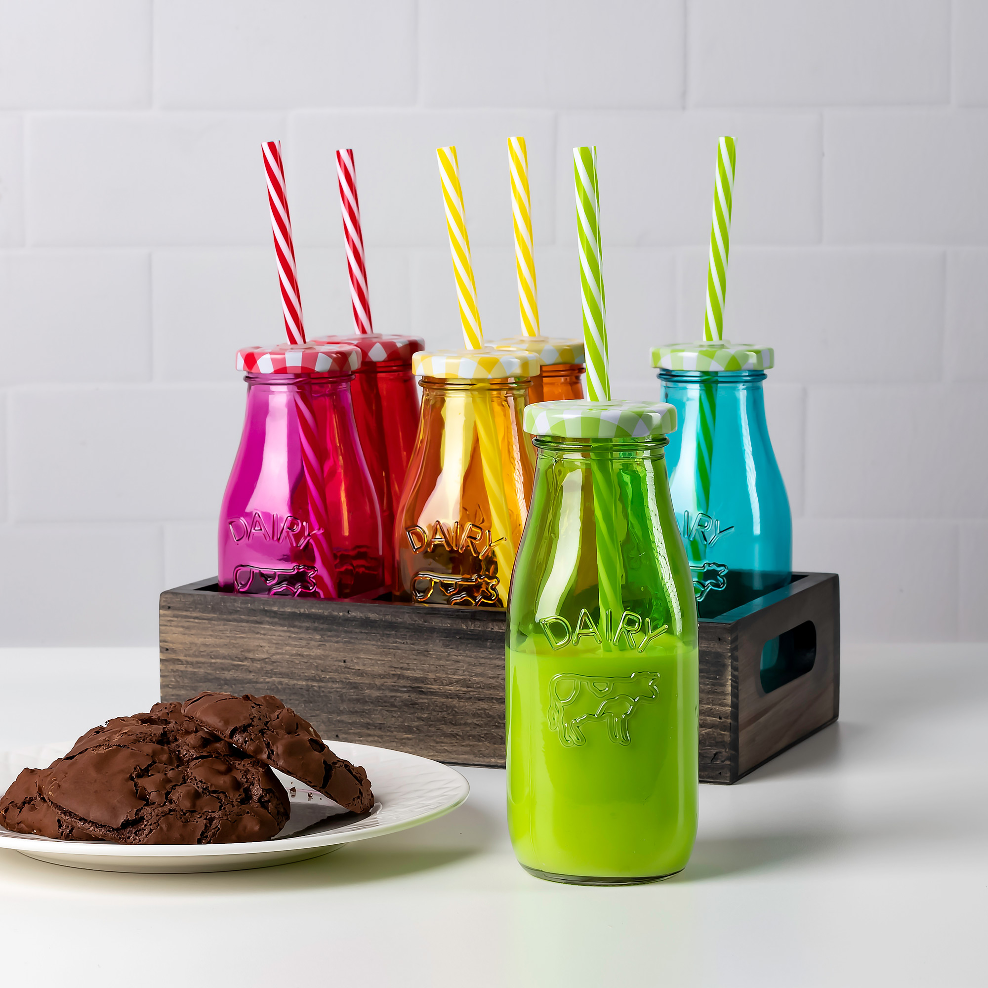 

6Pcs Glass Milk Bottles With Metal Lid And Plastic Straw Assorted Colors