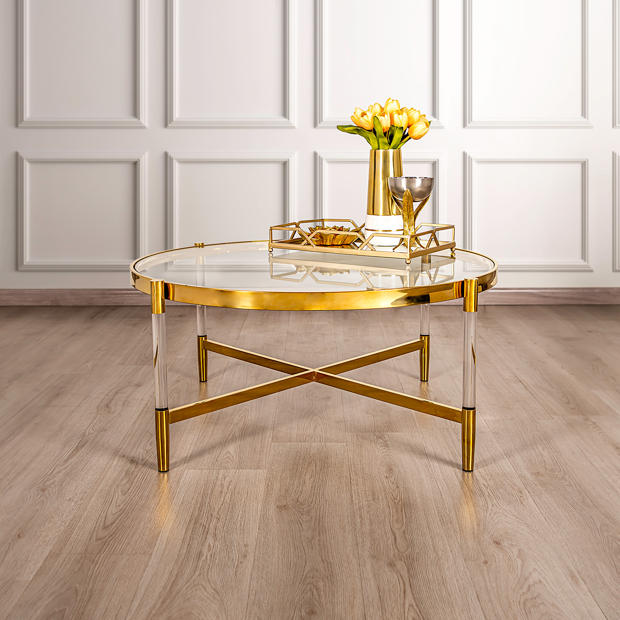 

Stainless Steel With Glass Coffee Table Top Acrylic Feet Dia.98X Ht: 43 Cm