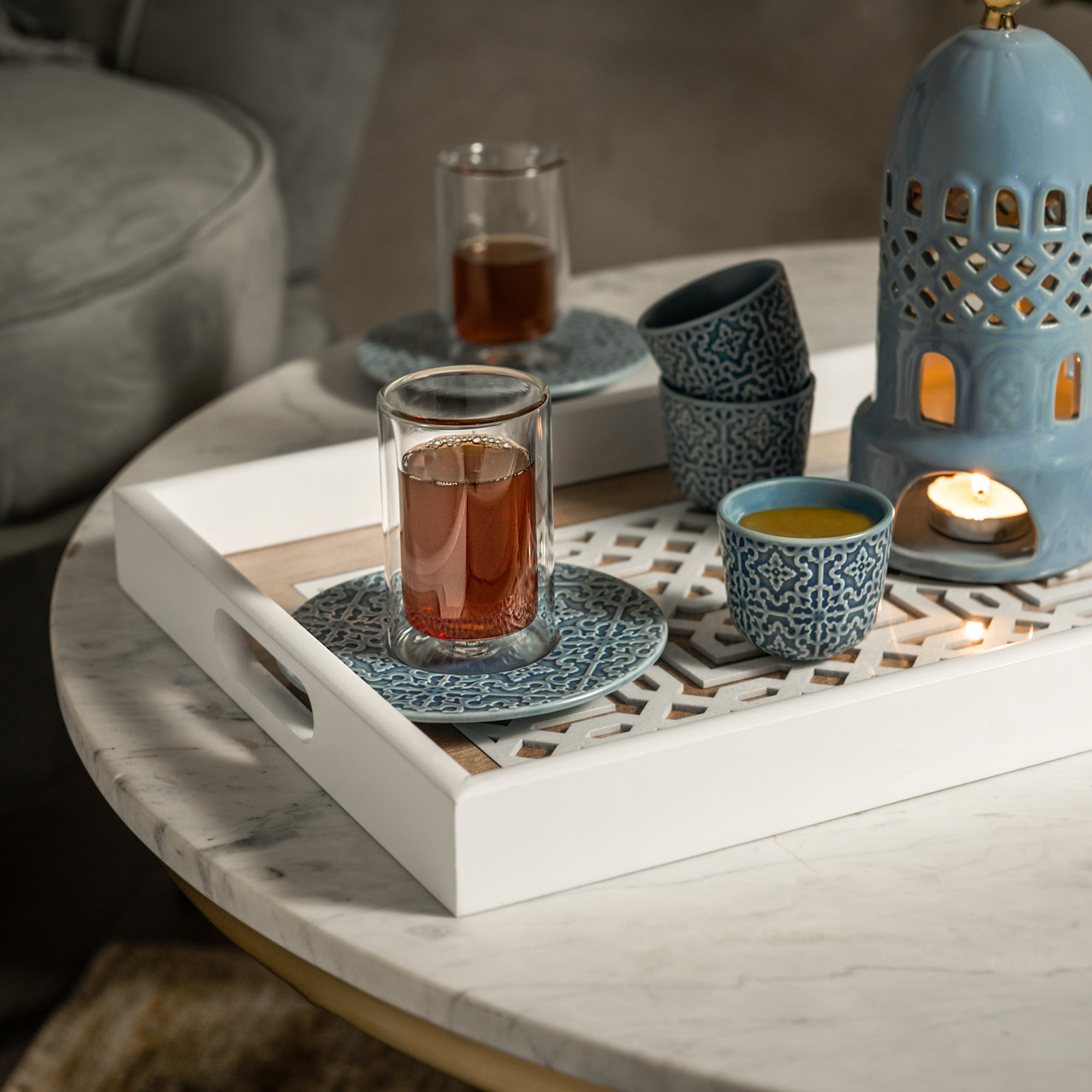 

Dallaty blue porcelain and glass tea and Saudi coffee cups set 18 pcs