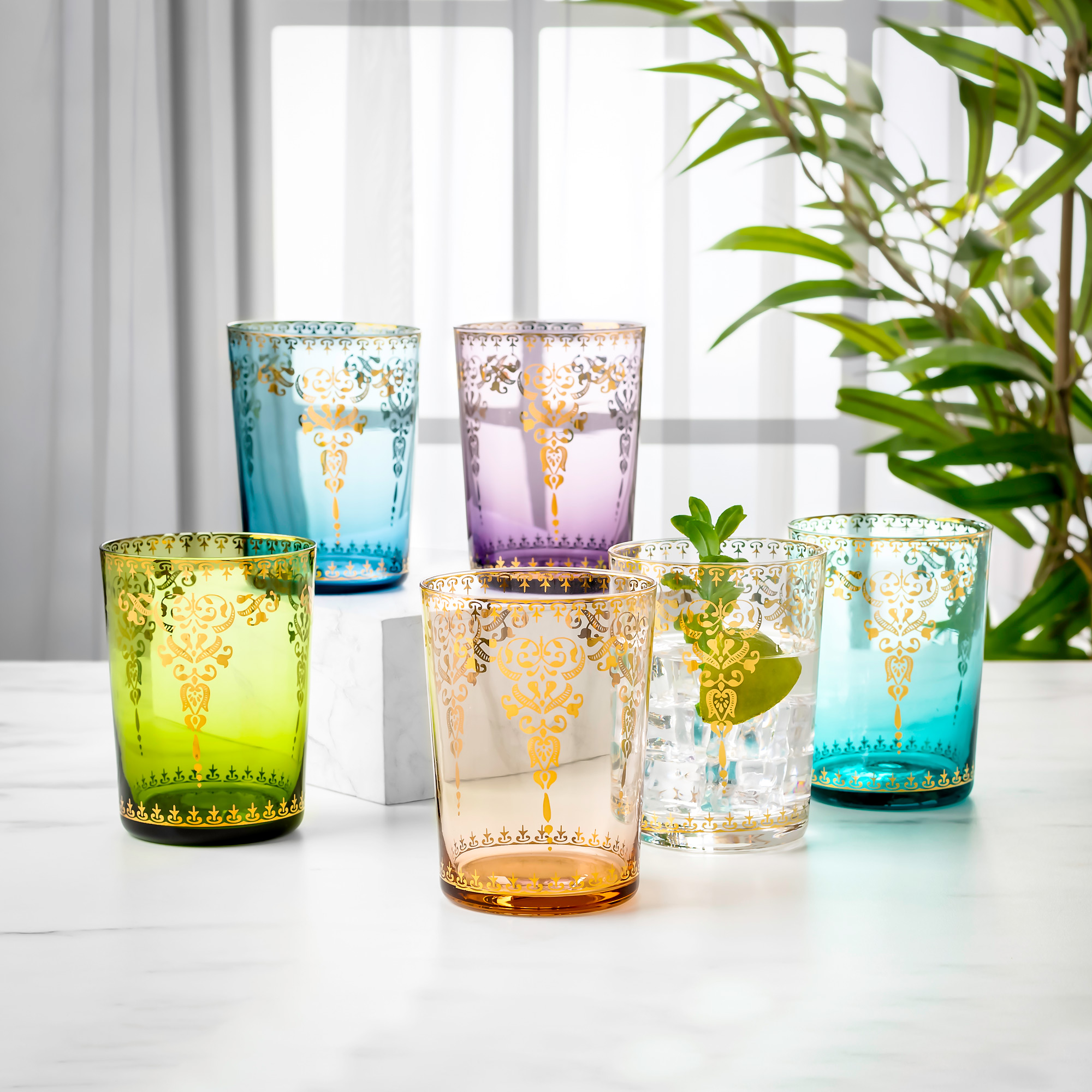 

Glass Tumbler With Gold Decal Set Of 6