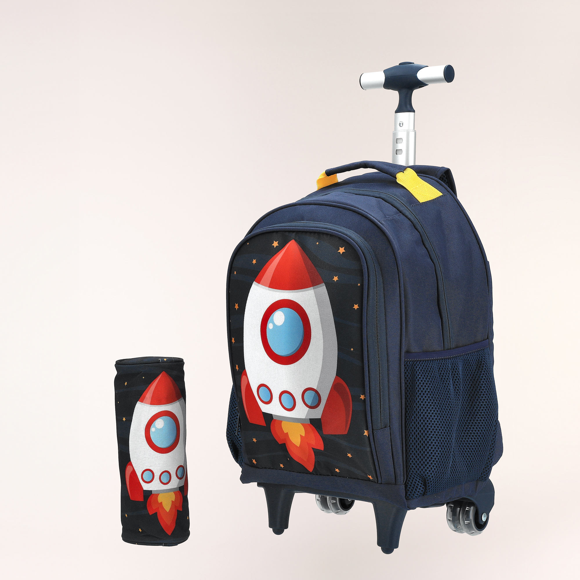 

Rolling backpack with pencil case ,15 inches , Rocket