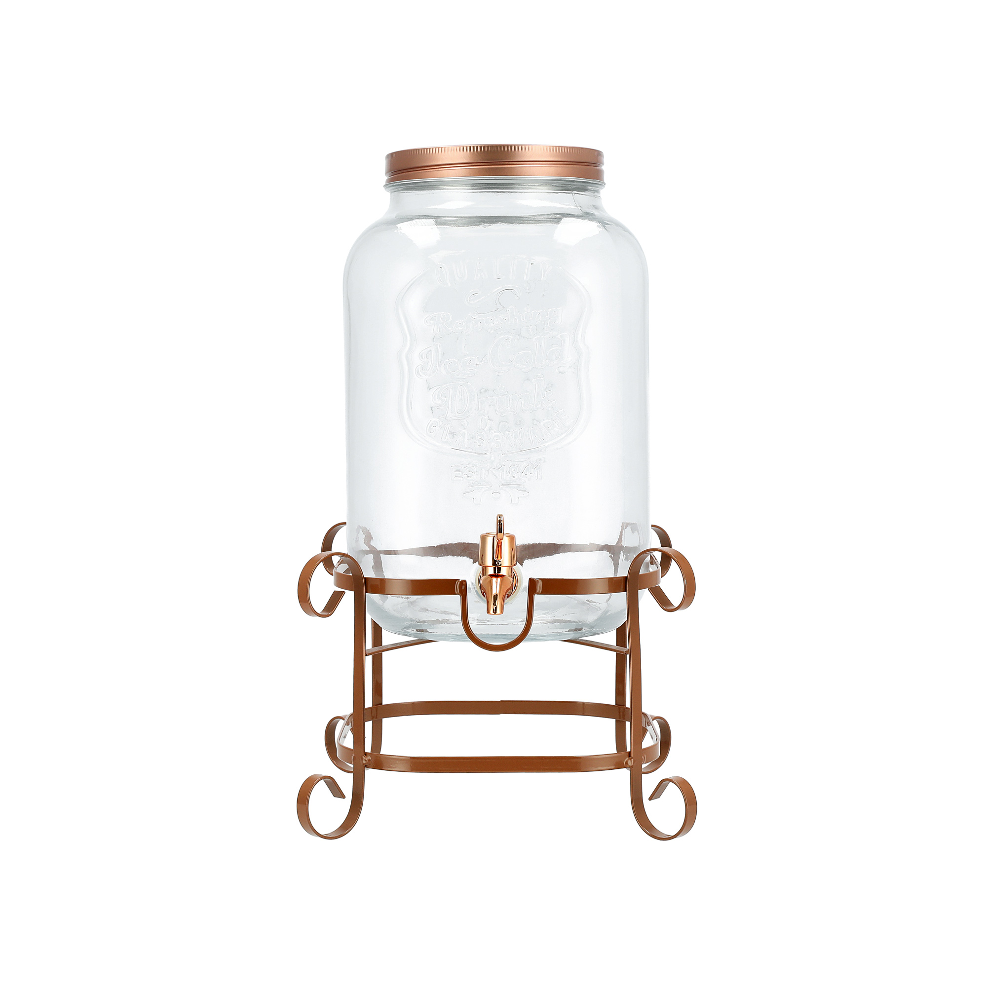 

Glass Juice Dispenser With Copper Lid & Stand
